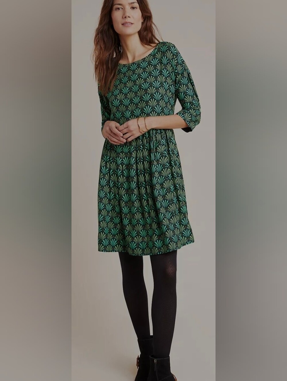 Anthropologie Green Patterned Three-Quarter Sleeve A-Line Dress - Picture 9 of 9